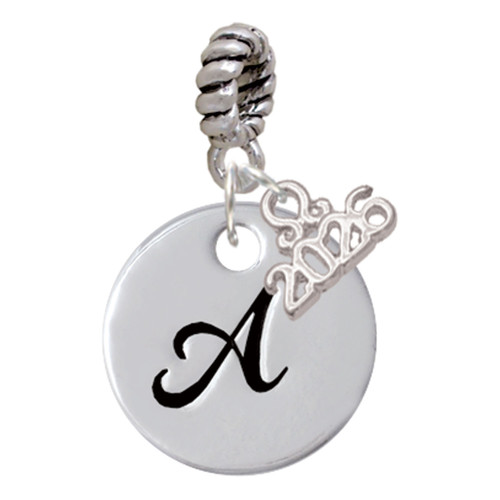 Silver Plated Large Script Letter Disc - A - Silver Plated Twist Rope Bead Charm Dangle with Mini Year 2026: Year to Remember Jewelry Gift - Celebrations