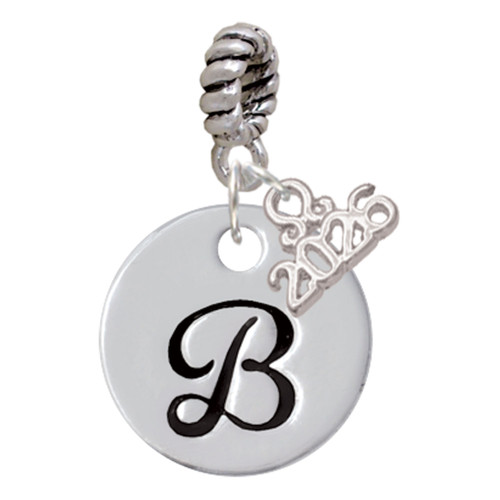 Silver Plated Large Script Letter Disc - B - Silver Plated Twist Rope Bead Charm Dangle with Mini Year 2026: Year to Remember Jewelry Gift - Celebrations