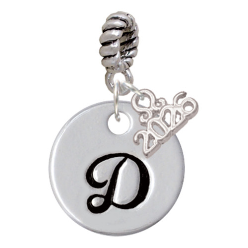 Silver Plated Large Script Letter Disc - D - Silver Plated Twist Rope Bead Charm Dangle with Mini Year 2026: Year to Remember Jewelry Gift - Celebrations