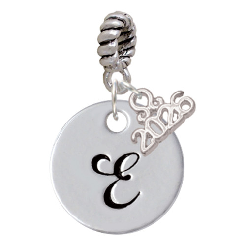 Silver Plated Large Script Letter Disc - E - Silver Plated Twist Rope Bead Charm Dangle with Mini Year 2026: Year to Remember Jewelry Gift - Celebrations