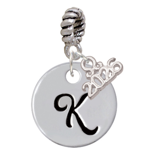 Silver Plated Large Script Letter Disc - K - Silver Plated Twist Rope Bead Charm Dangle with Mini Year 2026: Year to Remember Jewelry Gift - Celebrations