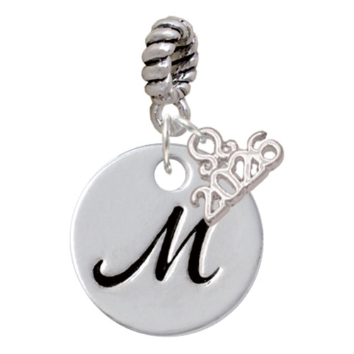 Silver Plated Large Script Letter Disc - M - Silver Plated Twist Rope Bead Charm Dangle with Mini Year 2026: Year to Remember Jewelry Gift - Celebrations
