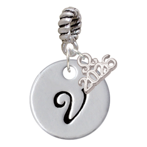 Silver Plated Large Script Letter Disc - V - Silver Plated Twist Rope Bead Charm Dangle with Mini Year 2026: Year to Remember Jewelry Gift - Celebrations