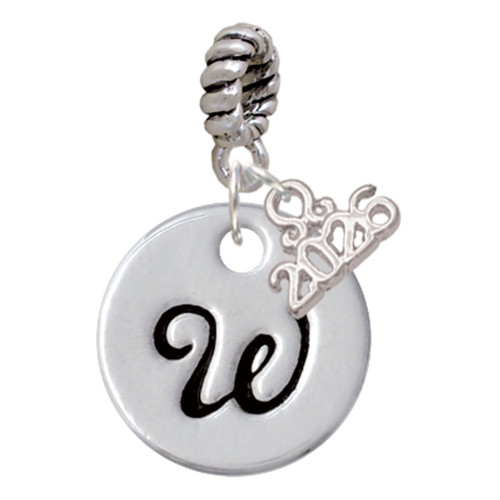 Silver Plated Large Script Letter Disc - W - Silver Plated Twist Rope Bead Charm Dangle with Mini Year 2026: Year to Remember Jewelry Gift - Celebrations