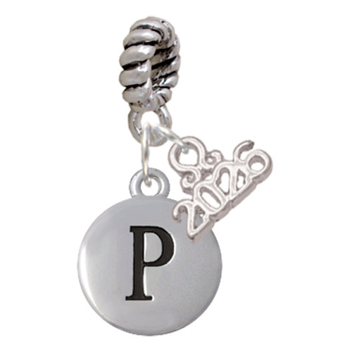 Silver Plated Capital Letter - P - Pebble Disc - Silver Plated Twist Rope Bead Charm Dangle with Mini Year 2026: Year to Remember Jewelry Gift - Celebrations