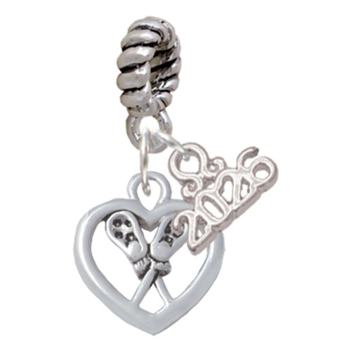 Lacrosse Sticks on Open Heart - Silver Plated Twist Rope Bead Charm Dangle with Mini Year 2026: Year to Remember Jewelry Gift - Celebrations