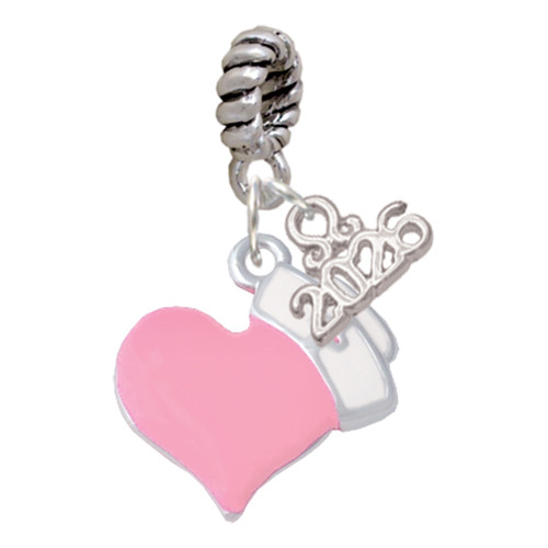 Silver Plated Pink Heart with Nurse Hat - Silver Plated Twist Rope Bead Charm Dangle with Mini Year 2026: Year to Remember Jewelry Gift - Celebrations