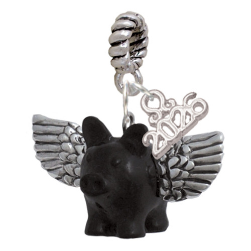 Black Flying Pig with Wings - Silver Plated Twist Rope Bead Charm Dangle with Mini Year 2026: Year to Remember Jewelry Gift - Celebrations