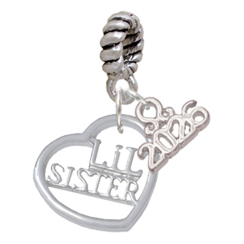 Silver Plated Lil Sister in Open Heart - 5/8'' - Silver Plated Twist Rope Bead Charm Dangle with Mini Year 2026: Year to Remember Jewelry Gift - Celebrations