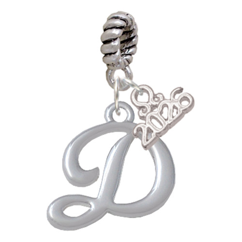 Silver Plated Small Gelato Script Initial - D - Silver Plated Twist Rope Bead Charm Dangle with Mini Year 2026: Year to Remember Jewelry Gift - Celebrations
