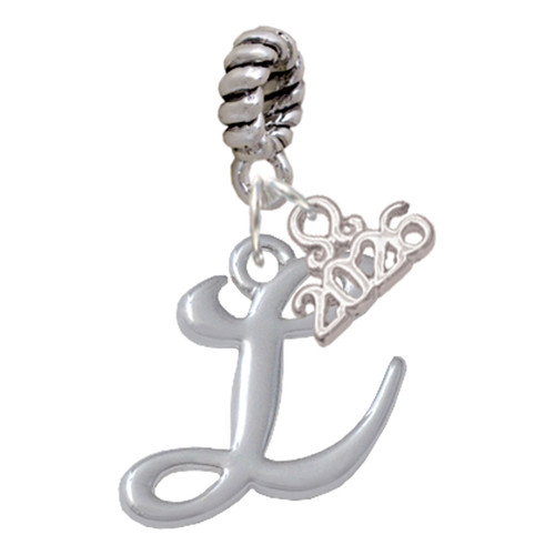 Silver Plated Small Gelato Script Initial - L - Silver Plated Twist Rope Bead Charm Dangle with Mini Year 2026: Year to Remember Jewelry Gift - Celebrations