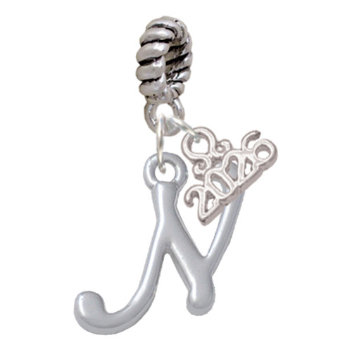 Silver Plated Small Gelato Script Initial - N - Silver Plated Twist Rope Bead Charm Dangle with Mini Year 2026: Year to Remember Jewelry Gift - Celebrations