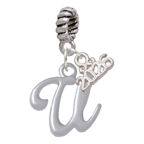 Silver Plated Small Gelato Script Initial - U - Silver Plated Twist Rope Bead Charm Dangle with Mini Year 2026: Year to Remember Jewelry Gift - Celebrations