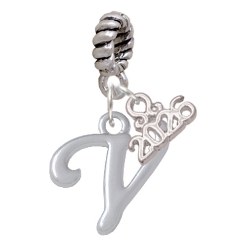 Silver Plated Small Gelato Script Initial - V - Silver Plated Twist Rope Bead Charm Dangle with Mini Year 2026: Year to Remember Jewelry Gift - Celebrations