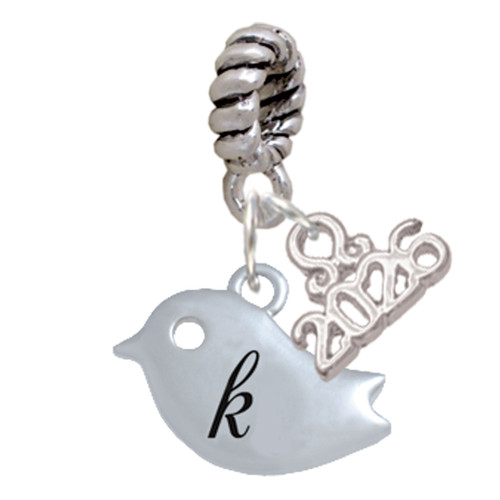 Silver Plated Little Bird Initial - K - Silver Plated Twist Rope Bead Charm Dangle with Mini Year 2026: Year to Remember Jewelry Gift - Celebrations