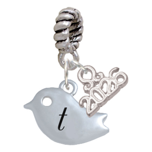 Silver Plated Little Bird Initial - T - Silver Plated Twist Rope Bead Charm Dangle with Mini Year 2026: Year to Remember Jewelry Gift - Celebrations