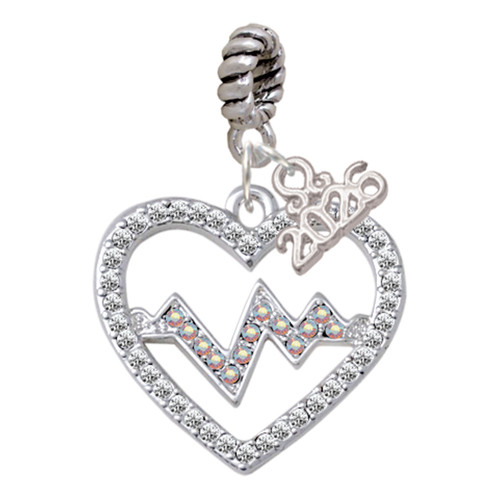 Silver Plated Large Clear Crystal Heart with AB Crystal Heartbeat - Silver Plated Twist Rope Bead Charm Dangle with Mini Year 2026: Year to Remember Jewelry Gift - Celebrations