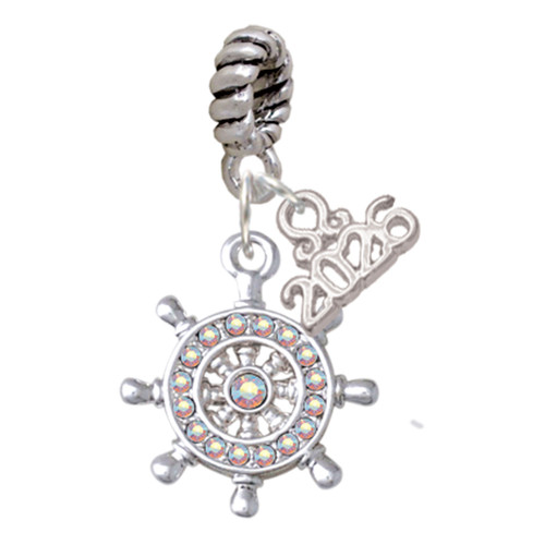 Silver Plated AB Crystal Ship Wheel - Direction - Silver Plated Twist Rope Bead Charm Dangle with Mini Year 2026: Year to Remember Jewelry Gift - Celebrations
