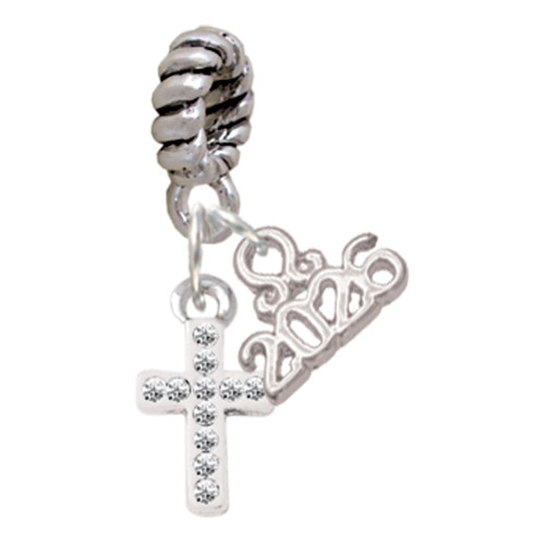 Silver Plated Small White Crystal Cross - Silver Plated Twist Rope Bead Charm Dangle with Mini Year 2026: Year to Remember Jewelry Gift - Celebrations