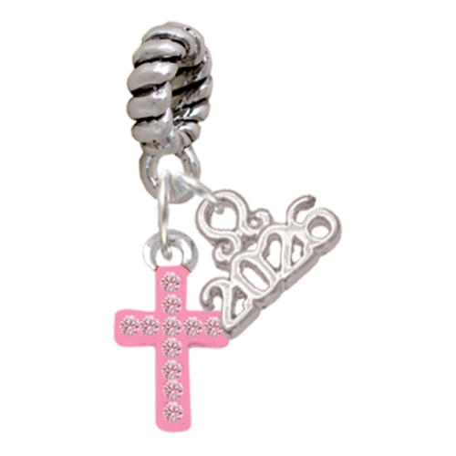 Silver Plated Small Pink Crystal Cross - Silver Plated Twist Rope Bead Charm Dangle with Mini Year 2026: Year to Remember Jewelry Gift - Celebrations