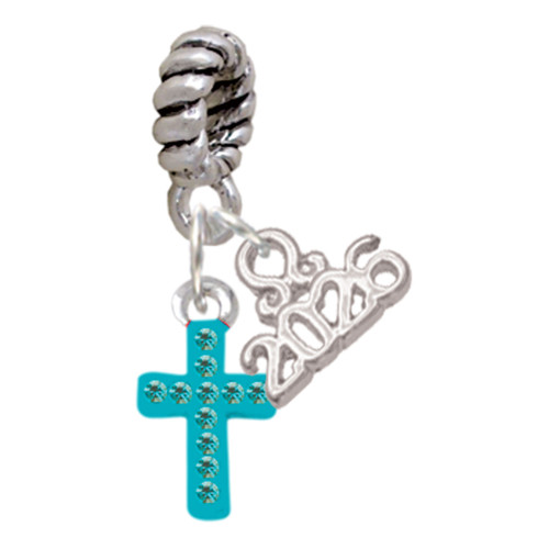Silver Plated Small Teal Crystal Cross - Silver Plated Twist Rope Bead Charm Dangle with Mini Year 2026: Year to Remember Jewelry Gift - Celebrations