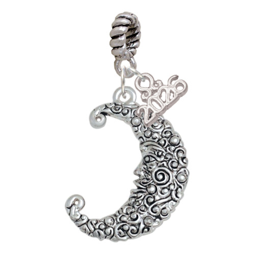 Silver Plated Large Swirl Man in Moon - Silver Plated Twist Rope Bead Charm Dangle with Mini Year 2026: Year to Remember Jewelry Gift - Celebrations