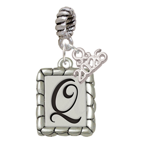 Silver Plated Pebble Border Initial - Q - Silver Plated Twist Rope Bead Charm Dangle with Mini Year 2026: Year to Remember Jewelry Gift - Celebrations