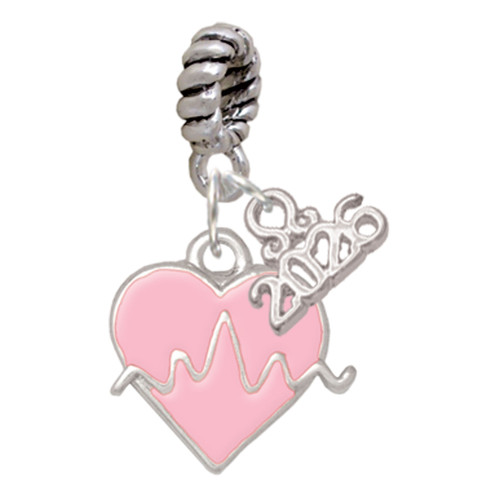 Silver Plated Heartbeat on Pink Heart - Silver Plated Twist Rope Bead Charm Dangle with Mini Year 2026: Year to Remember Jewelry Gift - Celebrations