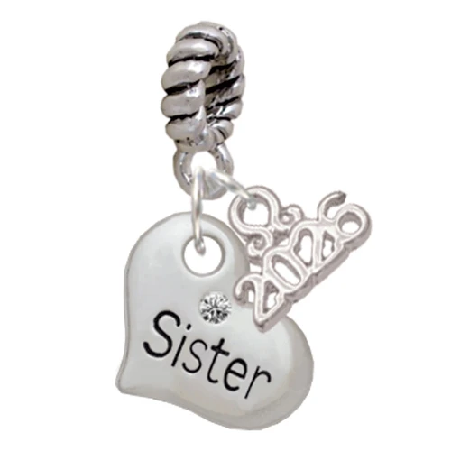 Silver Plated Small ''Sister'' Heart with Clear Crystal - Silver Plated Twist Rope Bead Charm Dangle with Mini Year 2026: Year to Remember Jewelry Gift - Celebrations