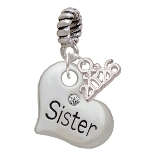 Silver Plated Large ''Sister'' Heart with Clear Crystal - Silver Plated Twist Rope Bead Charm Dangle with Mini Year 2026: Year to Remember Jewelry Gift - Celebrations