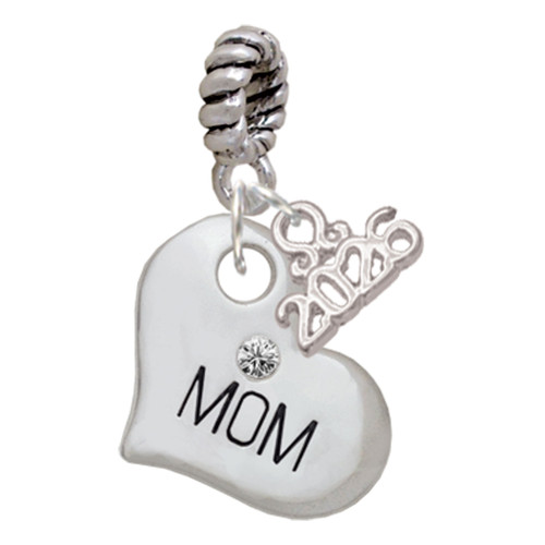 Silver Plated Large ''Mom'' Heart with Clear Crystal - Silver Plated Twist Rope Bead Charm Dangle with Mini Year 2026: Year to Remember Jewelry Gift - Celebrations