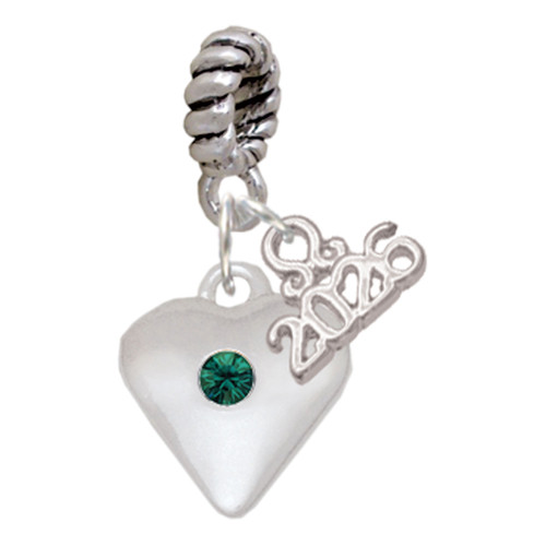 Silver Plated Large May - Green Crystal Heart - Silver Plated Twist Rope Bead Charm Dangle with Mini Year 2026: Year to Remember Jewelry Gift - Celebrations