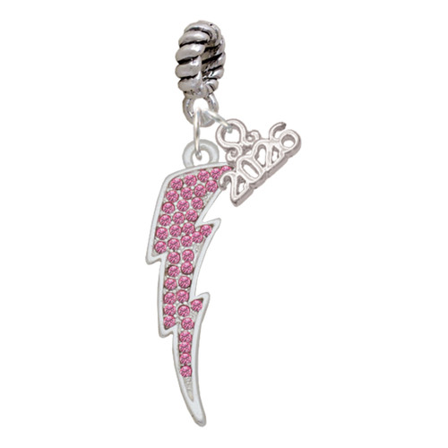 Silver Plated Large Hot Pink Crystal Lightning Bolt - Silver Plated Twist Rope Bead Charm Dangle with Mini Year 2026: Year to Remember Jewelry Gift - Celebrations