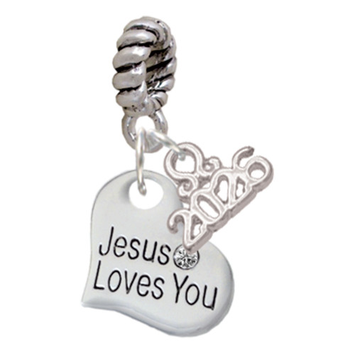 Silver Plated Small Jesus Loves You Heart - Silver Plated Twist Rope Bead Charm Dangle with Mini Year 2026: Year to Remember Jewelry Gift - Celebrations