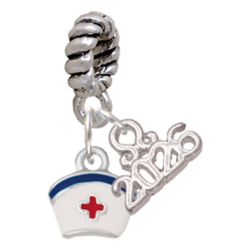 Silver Plated Mini Nurse Hat - Silver Plated Twist Rope Bead Charm Dangle with Mini Year 2026: Year to Remember Jewelry Gift - Celebrations