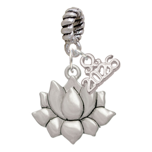 Medium Lotus Flower - Silver Plated Twist Rope Bead Charm Dangle with Mini Year 2026: Year to Remember Jewelry Gift - Celebrations