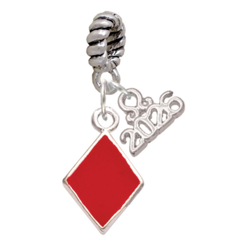 Silver Plated Card Suit - Red Diamond - Silver Plated Twist Rope Bead Charm Dangle with Mini Year 2026: Year to Remember Jewelry Gift - Celebrations