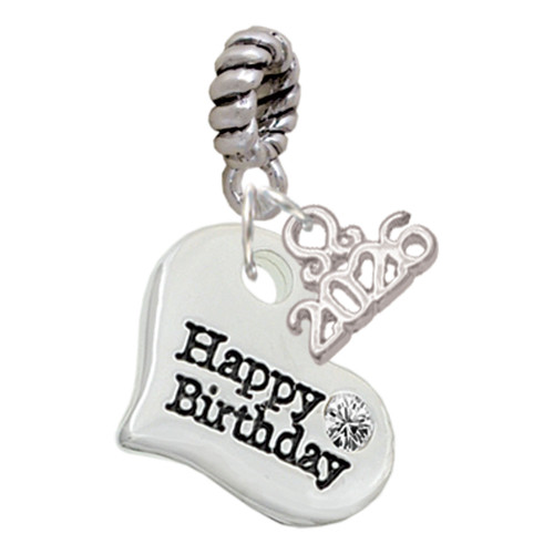 Silver Plated Large Happy Birthday Heart - Silver Plated Twist Rope Bead Charm Dangle with Mini Year 2026: Year to Remember Jewelry Gift - Celebrations