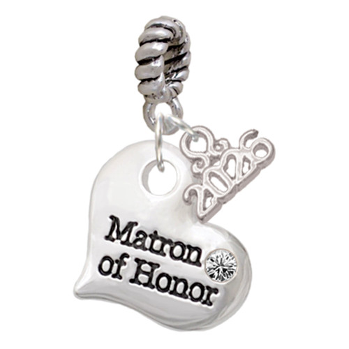 Silver Plated Large Matron of Honor Heart - Silver Plated Twist Rope Bead Charm Dangle with Mini Year 2026: Year to Remember Jewelry Gift - Celebrations