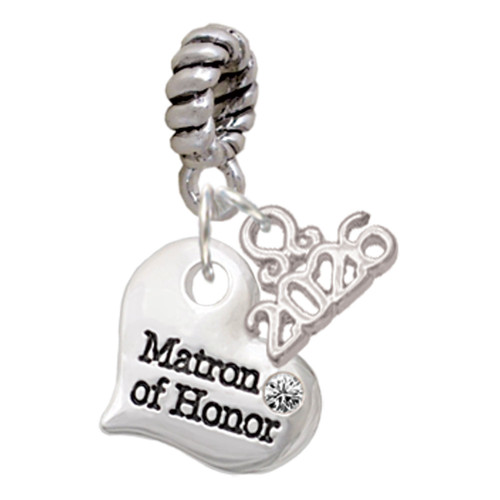 Silver Plated Small Matron of Honor Heart - Silver Plated Twist Rope Bead Charm Dangle with Mini Year 2026: Year to Remember Jewelry Gift - Celebrations