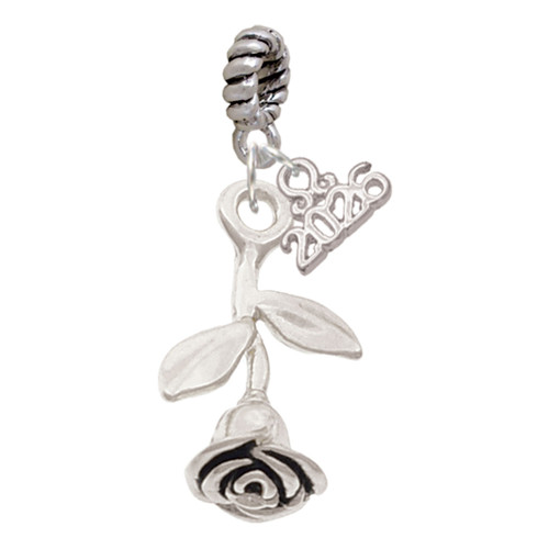 Silver Plated Stemmed Rose - Silver Plated Twist Rope Bead Charm Dangle with Mini Year 2026: Year to Remember Jewelry Gift - Celebrations