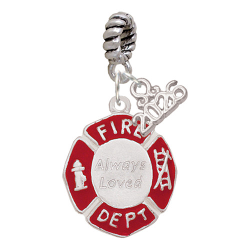 Silver Plated Red Always Loved Fire Department Shield - Silver Plated Twist Rope Bead Charm Dangle with Mini Year 2026: Year to Remember Jewelry Gift - Celebrations