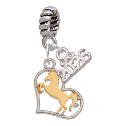 Two-tone Stallion Silhouette Heart - Silver Plated Twist Rope Bead Charm Dangle with Mini Year 2026: Year to Remember Jewelry Gift - Celebrations