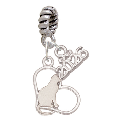 Silver Plated Cat Silhouette Heart - Silver Plated Twist Rope Bead Charm Dangle with Mini Year 2026: Year to Remember Jewelry Gift - Celebrations