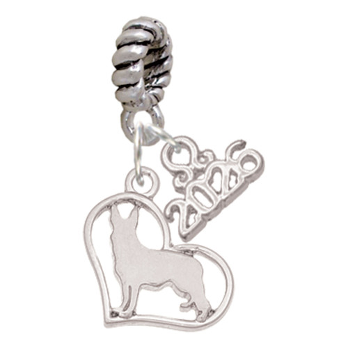 Silver Plated German Shepard Silhouette Heart - Silver Plated Twist Rope Bead Charm Dangle with Mini Year 2026: Year to Remember Jewelry Gift - Celebrations