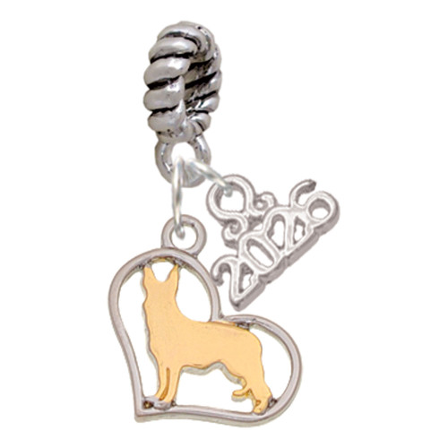 Two-tone German Shepard Silhouette Heart - Silver Plated Twist Rope Bead Charm Dangle with Mini Year 2026: Year to Remember Jewelry Gift - Celebrations