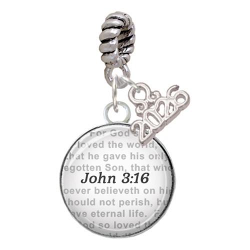 Silver Plated Domed John 3:16 - Silver Plated Twist Rope Bead Charm Dangle with Mini Year 2026: Year to Remember Jewelry Gift - Celebrations
