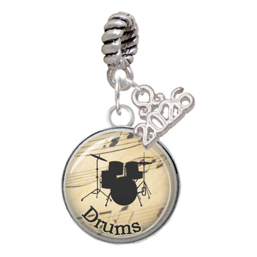Silver Plated Domed Music - Drums - Silver Plated Twist Rope Bead Charm Dangle with Mini Year 2026: Year to Remember Jewelry Gift - Celebrations