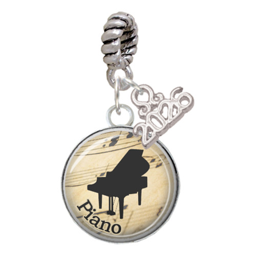 Silver Plated Domed Music - Piano - Silver Plated Twist Rope Bead Charm Dangle with Mini Year 2026: Year to Remember Jewelry Gift - Celebrations