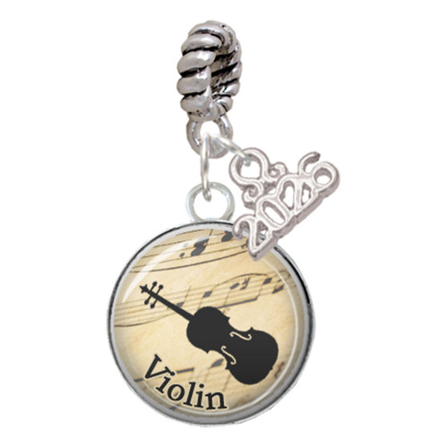 Silver Plated Domed Music - Violin - Silver Plated Twist Rope Bead Charm Dangle with Mini Year 2026: Year to Remember Jewelry Gift - Celebrations